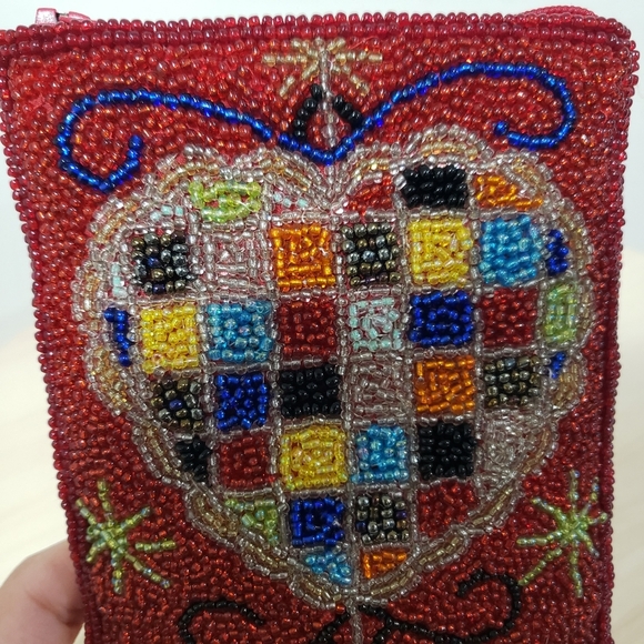 Beaded Heart Pattern Clutch Purse Bag Pouch Red Multicolor Beaded Boho Goth - Picture 5 of 11